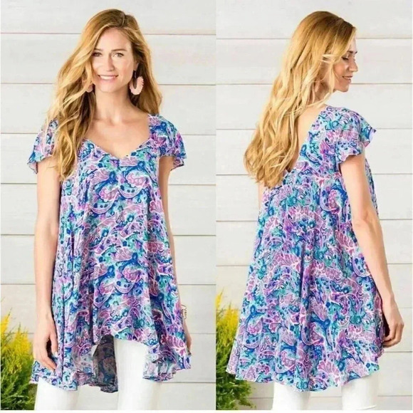 Matilda Jane Blue Paisley V-Neck Tunic Size Medium Flowy, Short Sleeve C31 - Picture 1 of 5